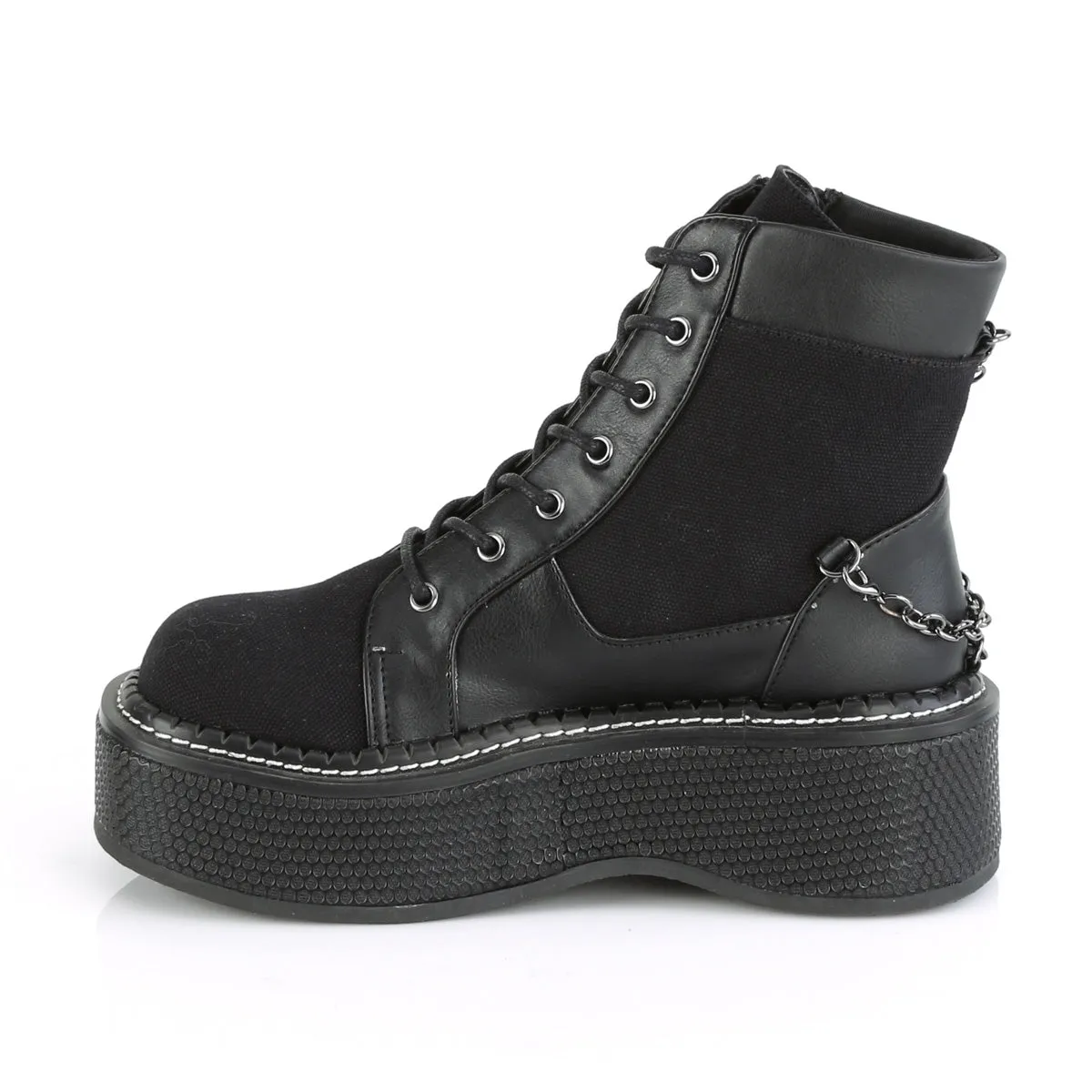 2" Black Canvas-Vegan Leather Platform Lace-Up Bootie, Outer Metal Zipper*