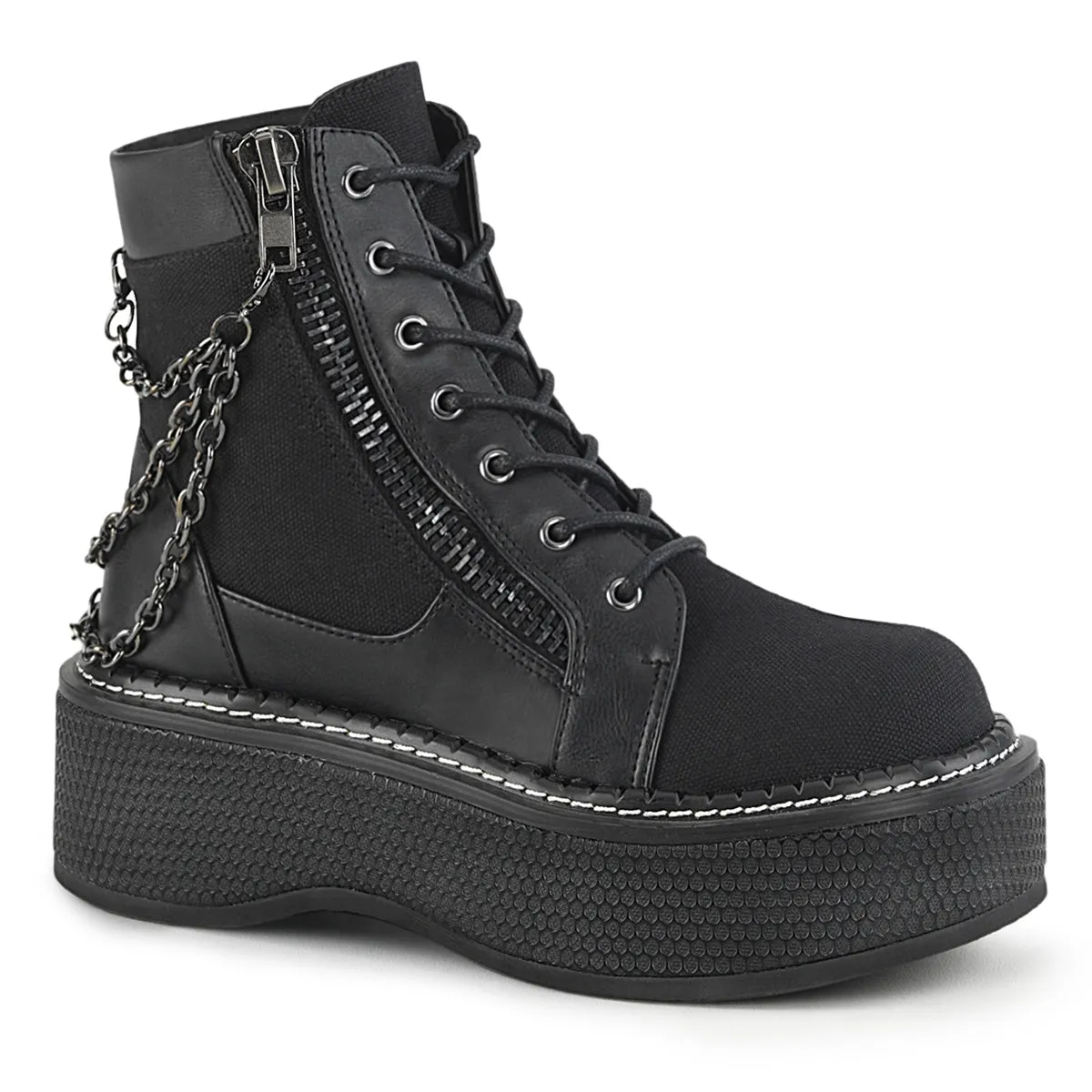 2" Black Canvas-Vegan Leather Platform Lace-Up Bootie, Outer Metal Zipper*