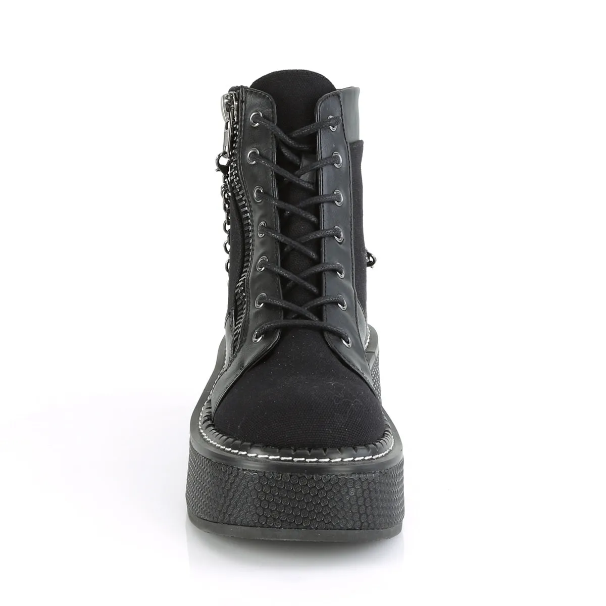 2" Black Canvas-Vegan Leather Platform Lace-Up Bootie, Outer Metal Zipper*