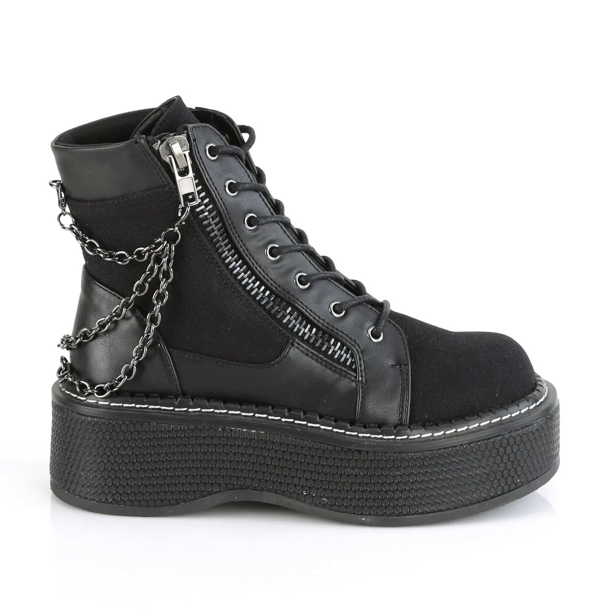 2" Black Canvas-Vegan Leather Platform Lace-Up Bootie, Outer Metal Zipper*