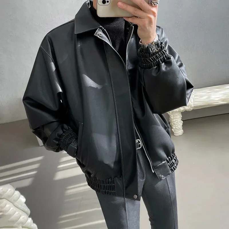 Aidase Boys Beige Long Sleeve Leather Jacket Loose Black Oversized Leather Motorcycle Jackets Xxl Zip Up Outerwear Man Moto Biker Coat