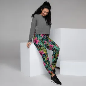 Black Pink Floral Women's Joggers, Tropical Leaf Print Casual Best Sweatpants-Made in EU