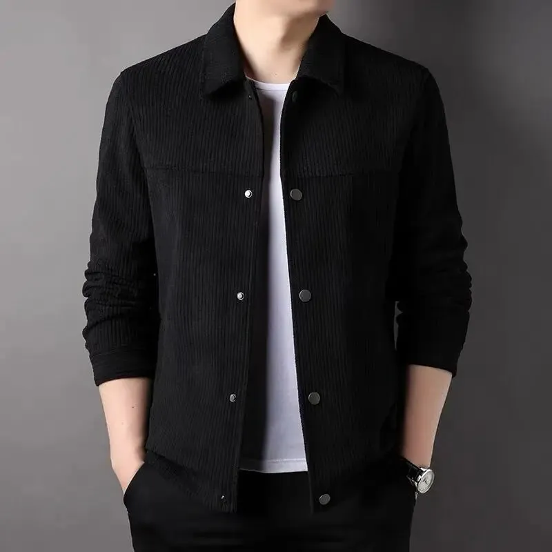 Bonsir Autumn New Polo Neck Corduroy Jacket Men's Solid Button Pocket Korean Youth Fashion Business Casual Work Coat Long Sleeved Top