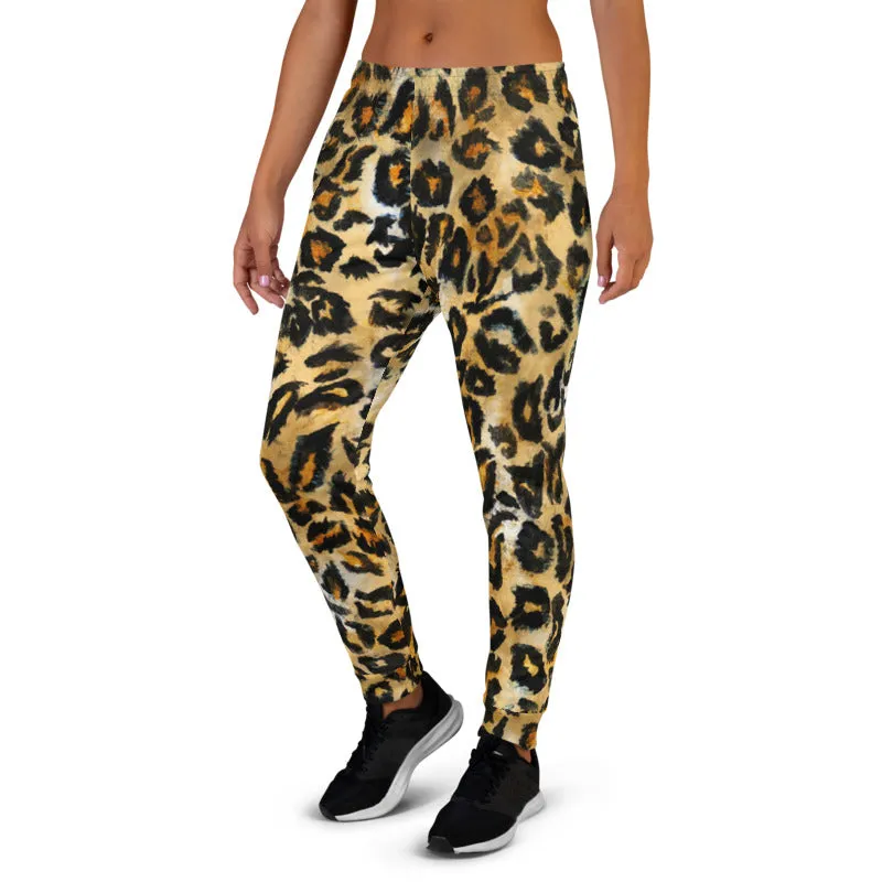 Brown Leopard Print Women's Joggers, Skinny Animal Print Ladies Soft Sweatpants-Made in EU