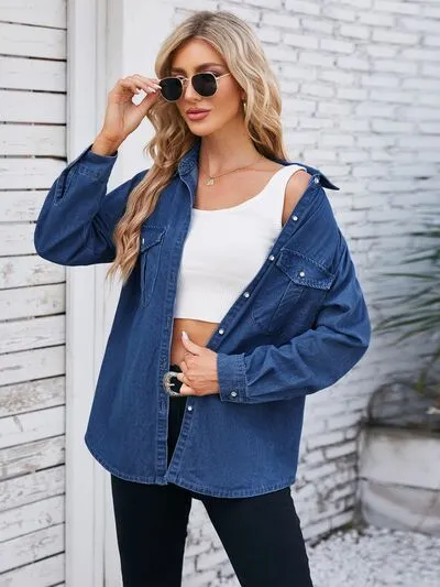 Button Up Collared Neck Denim Jacket