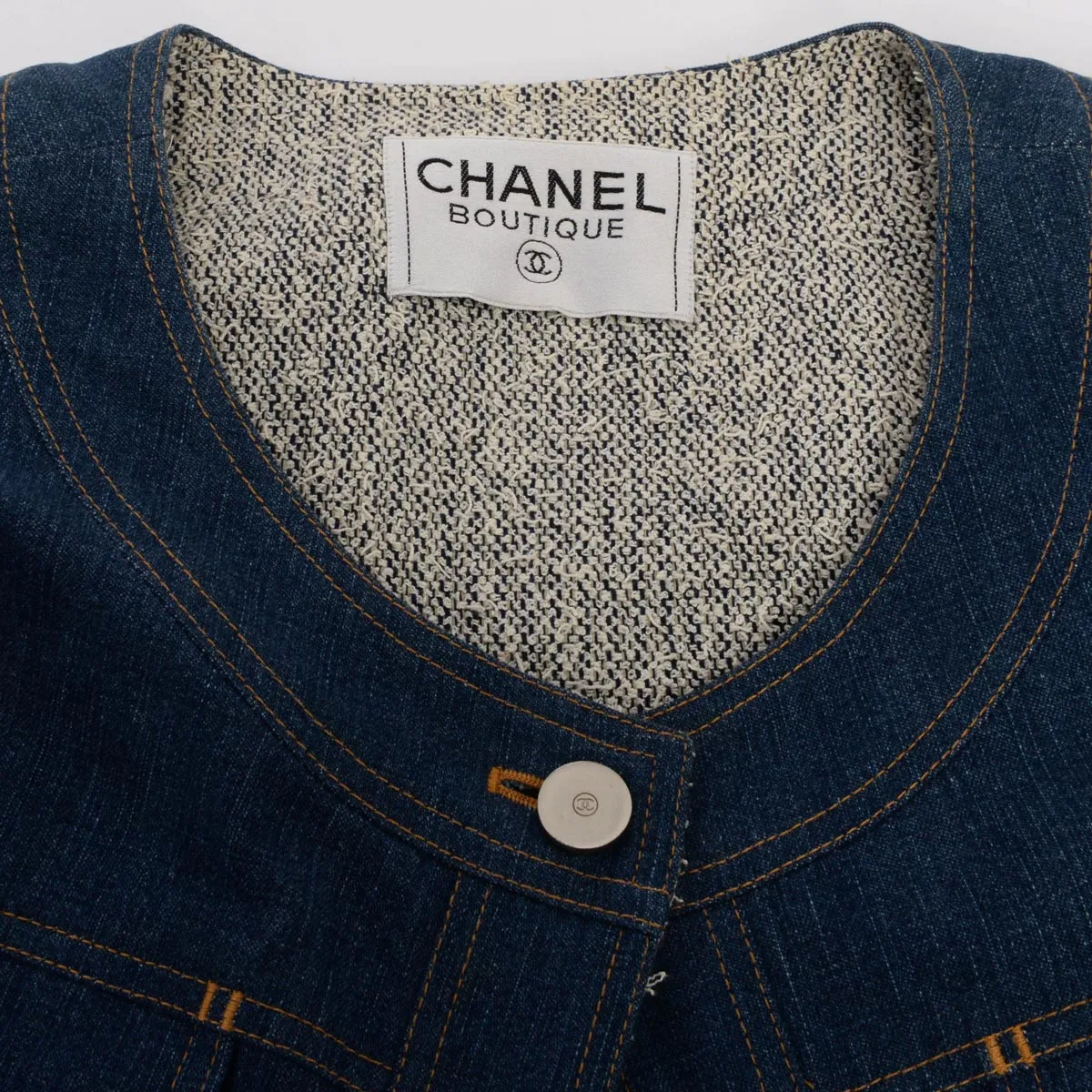 Chanel Blue Denim Collarless Jacket FR 36