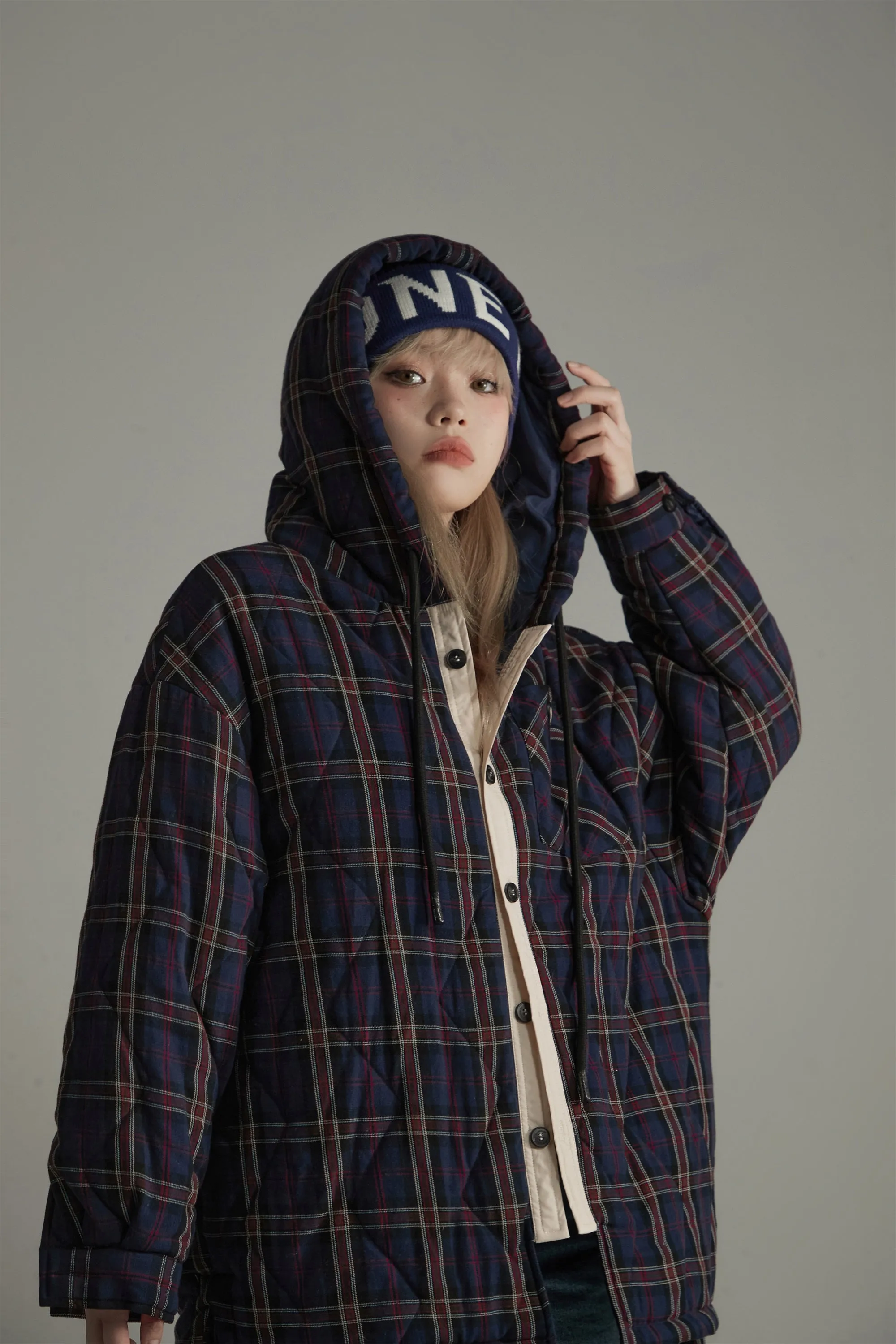 Check Loose-Fit Hooded Jacket