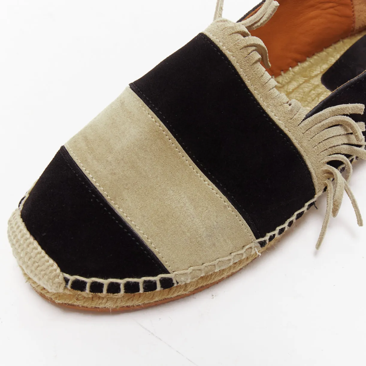 CHLOE beige black suede leather striped panels fringe slip on espadrilles EU37