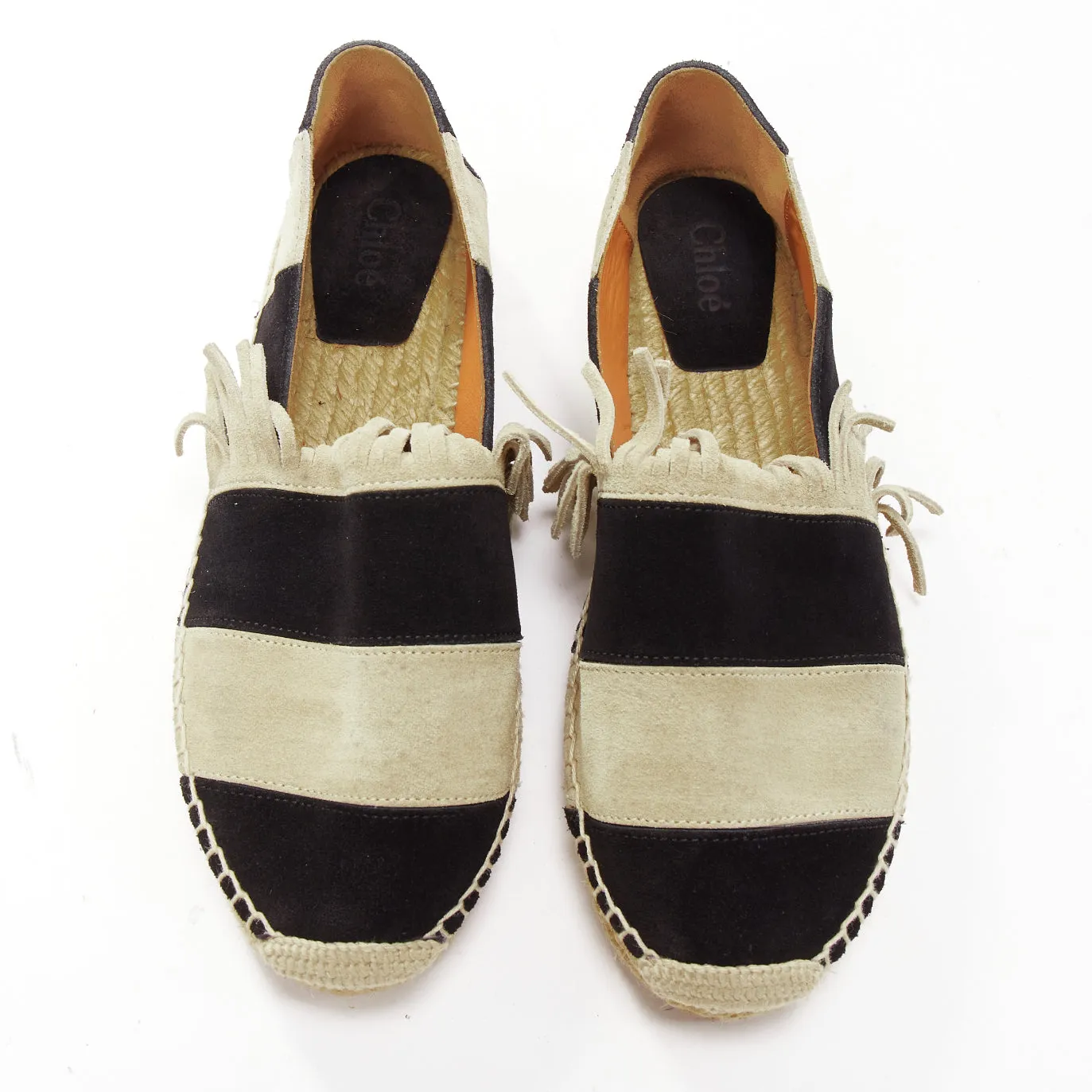 CHLOE beige black suede leather striped panels fringe slip on espadrilles EU37