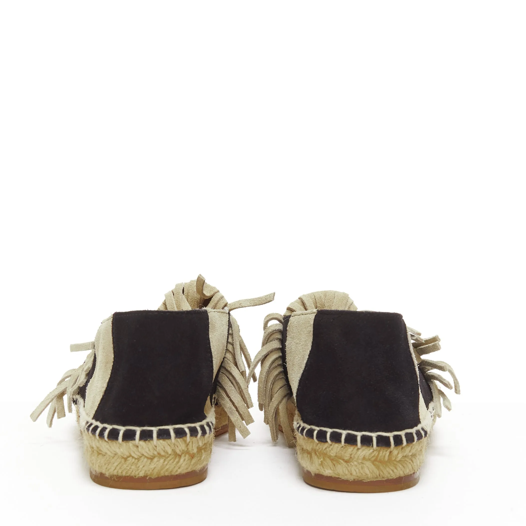 CHLOE beige black suede leather striped panels fringe slip on espadrilles EU37