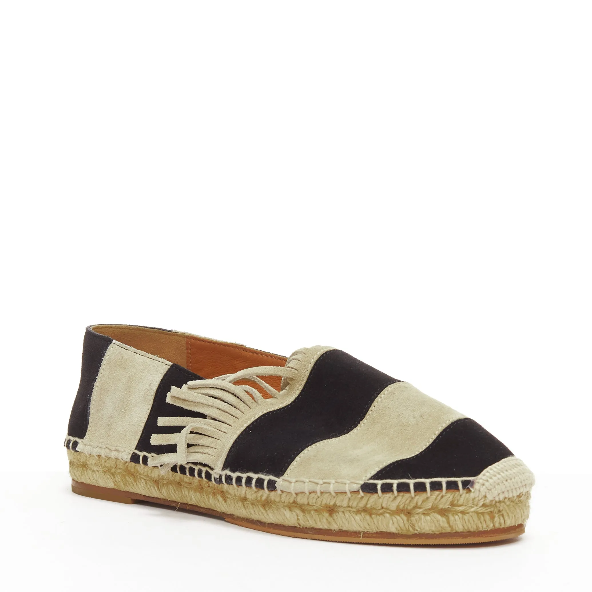 CHLOE beige black suede leather striped panels fringe slip on espadrilles EU37