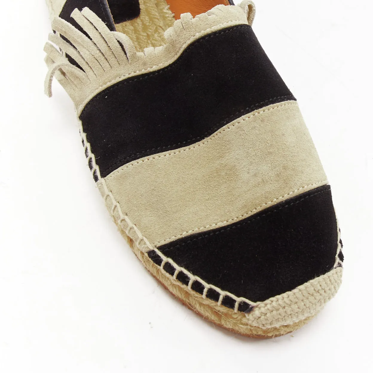 CHLOE beige black suede leather striped panels fringe slip on espadrilles EU37