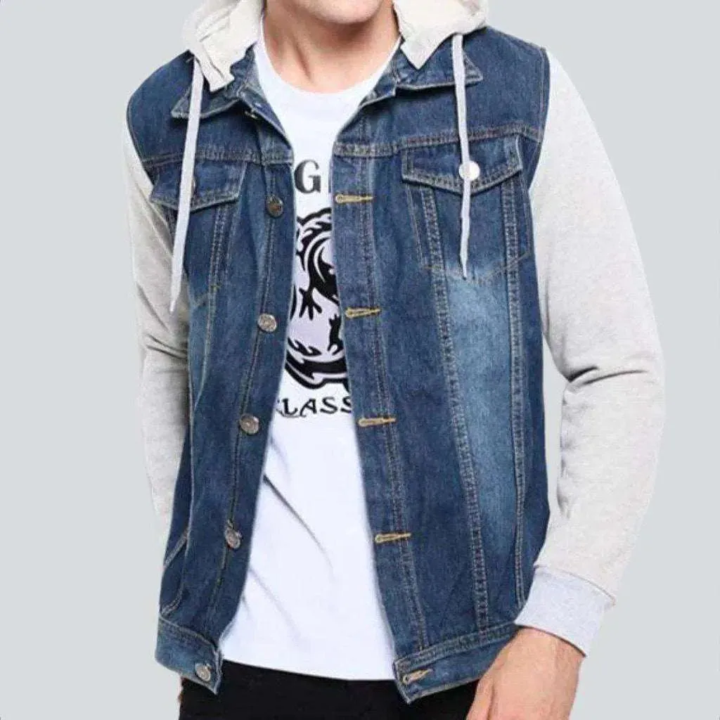 Cotton sleeve hooded denim jacket