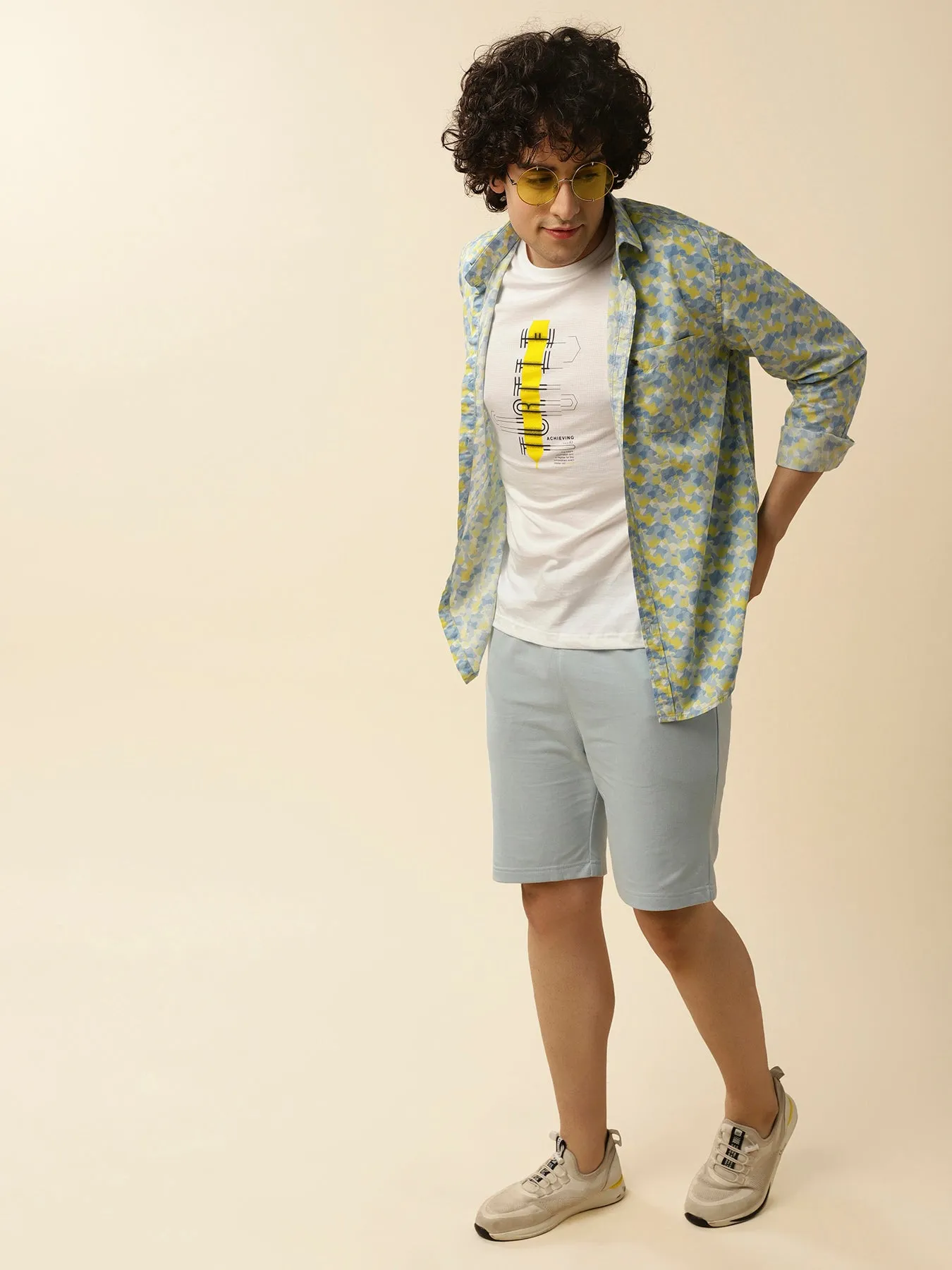 Cotton Yellow Printed Full Sleeve Casual Shirt