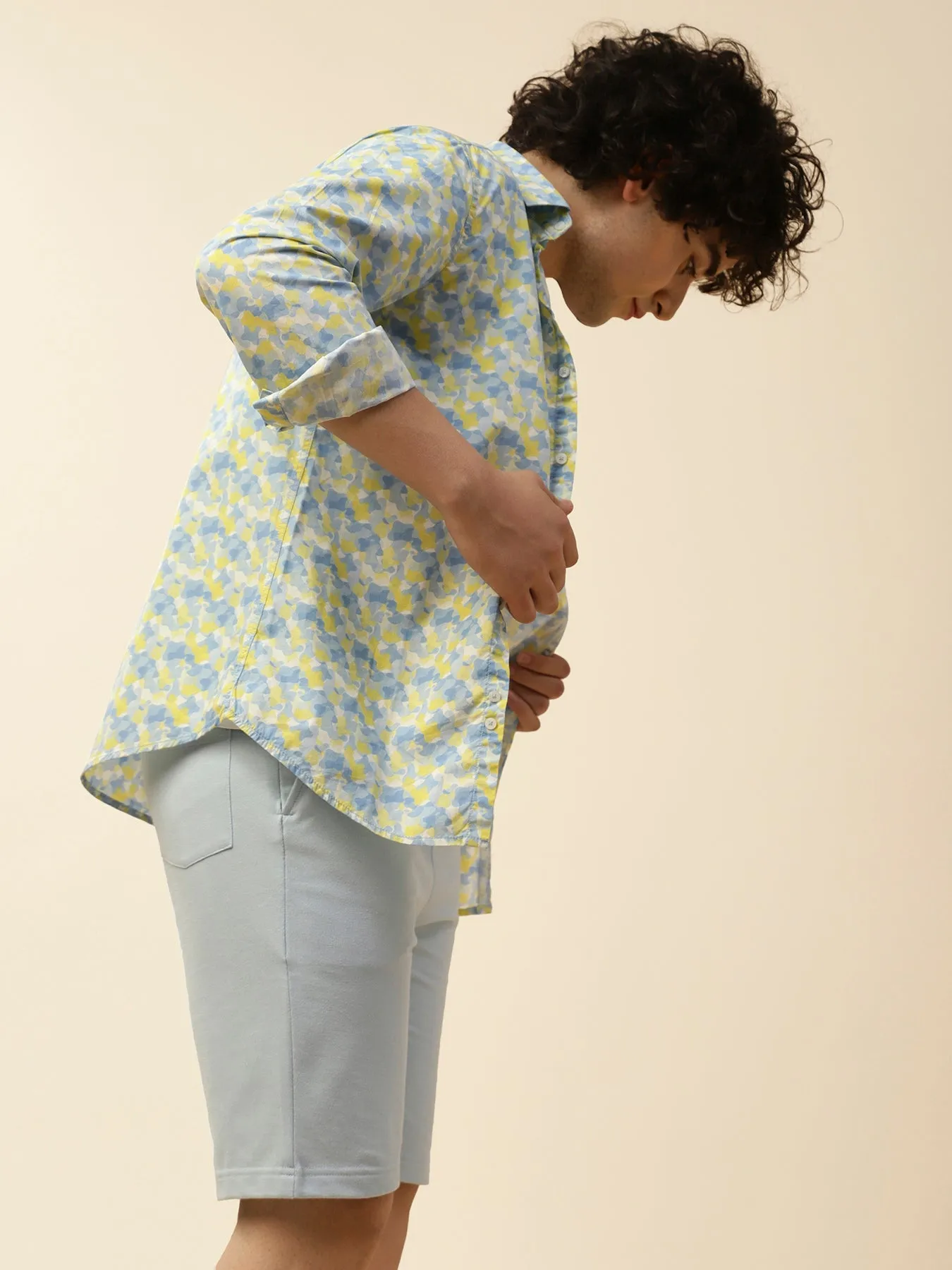 Cotton Yellow Printed Full Sleeve Casual Shirt