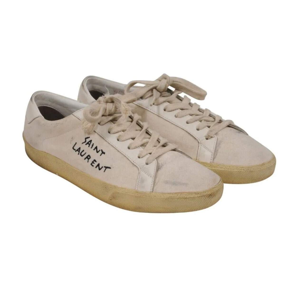 Court Classic Sneakers Beige White Canvas Logo Low Top