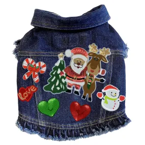 Custom Christmas Denim Dog Jacket With Ruffles Santa's Reindeer