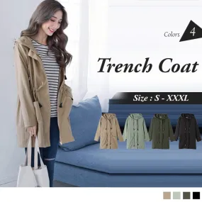 DRAWSTRING WAIST HOODED TRENCH COAT