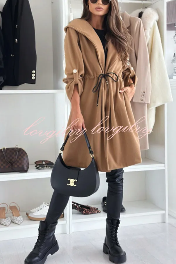 Effortless and Warm Textured Fabric Drawstring Waist Pocket Hooded Midi Coat