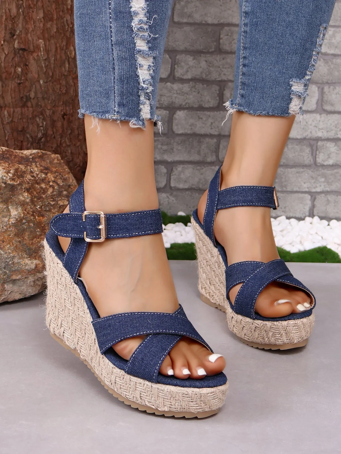 elveswallet Denim open toe cross strap espadrilles wedge sandals