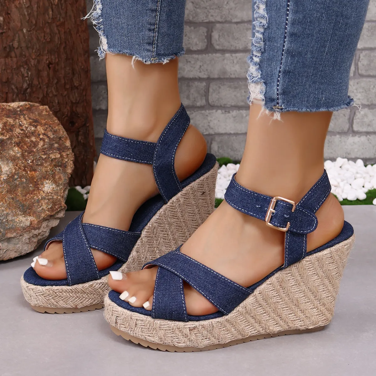 elveswallet Denim open toe cross strap espadrilles wedge sandals