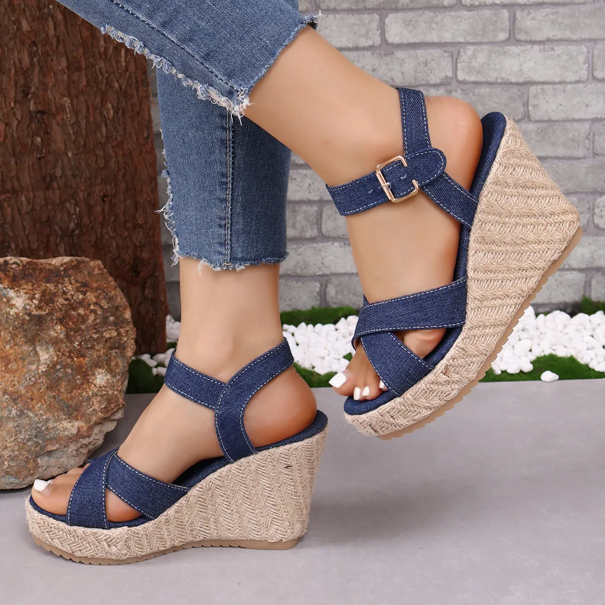 elveswallet Denim open toe cross strap espadrilles wedge sandals