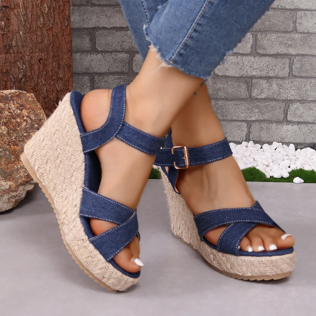 elveswallet Denim open toe cross strap espadrilles wedge sandals