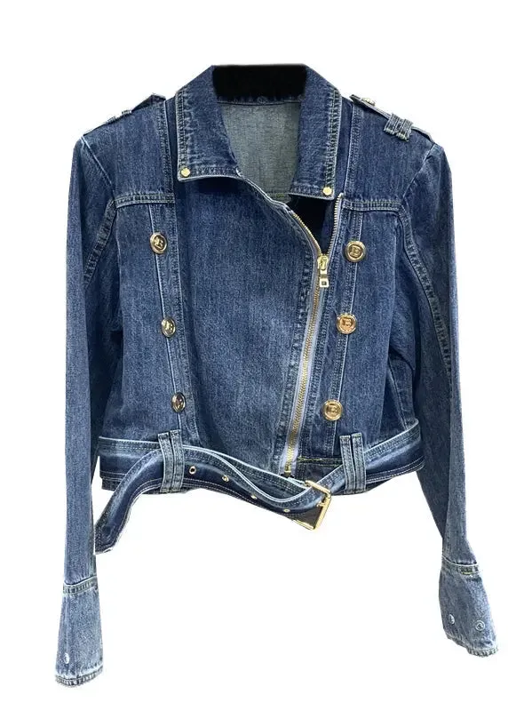 Fine Blue Peter Pan Collar Zip Up Patchwork Denim Jackets Fall ML0738