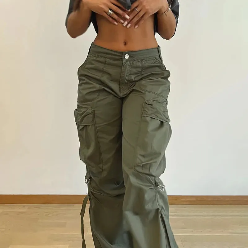 Girlary Cargos Style Parachute Pants Low Waist Women Joggers Harajuku Pockets Baggy Wide Leg Trousers y2k Streetwear Casual