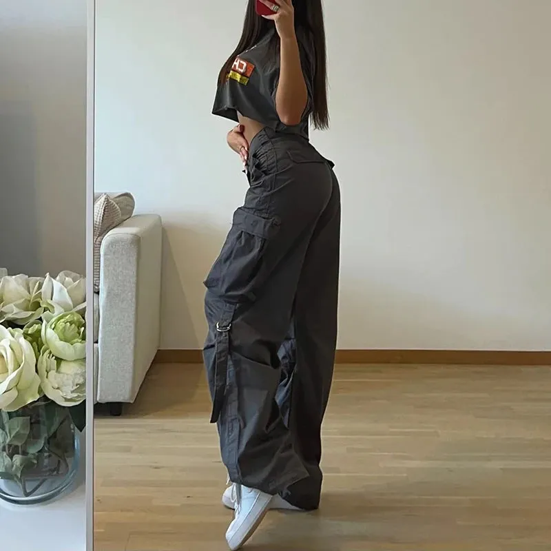 Girlary Cargos Style Parachute Pants Low Waist Women Joggers Harajuku Pockets Baggy Wide Leg Trousers y2k Streetwear Casual