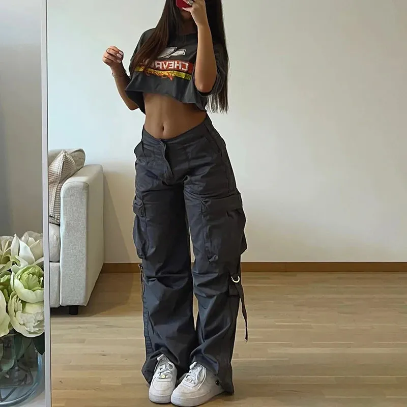 Girlary Cargos Style Parachute Pants Low Waist Women Joggers Harajuku Pockets Baggy Wide Leg Trousers y2k Streetwear Casual