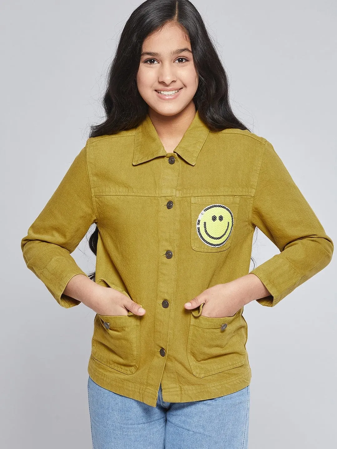 Girls Mustard Smiley Patch Denim Jacket - Lyush Kids