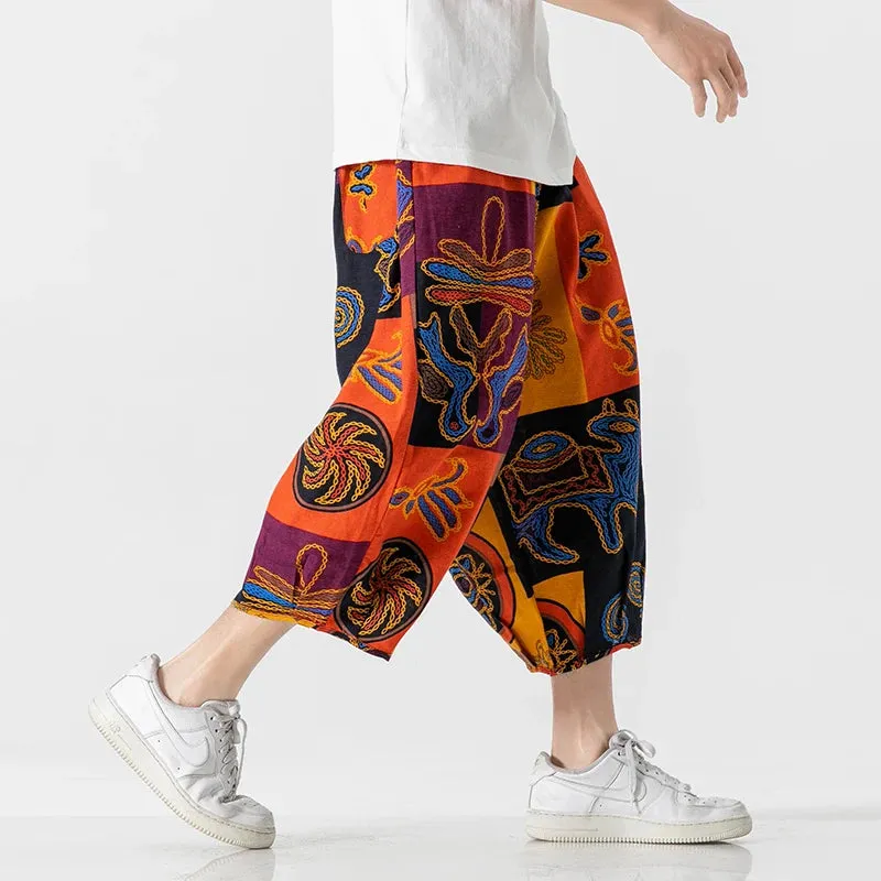 Hnzxzm Summer Men Flowers Harem Pants Men Joggers Chinese Style Calf-Length Casual Hanging Crotch Pants Male Capris Trousers