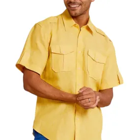 Inserch men's yellow linen shirt double flap pockets casual shirt