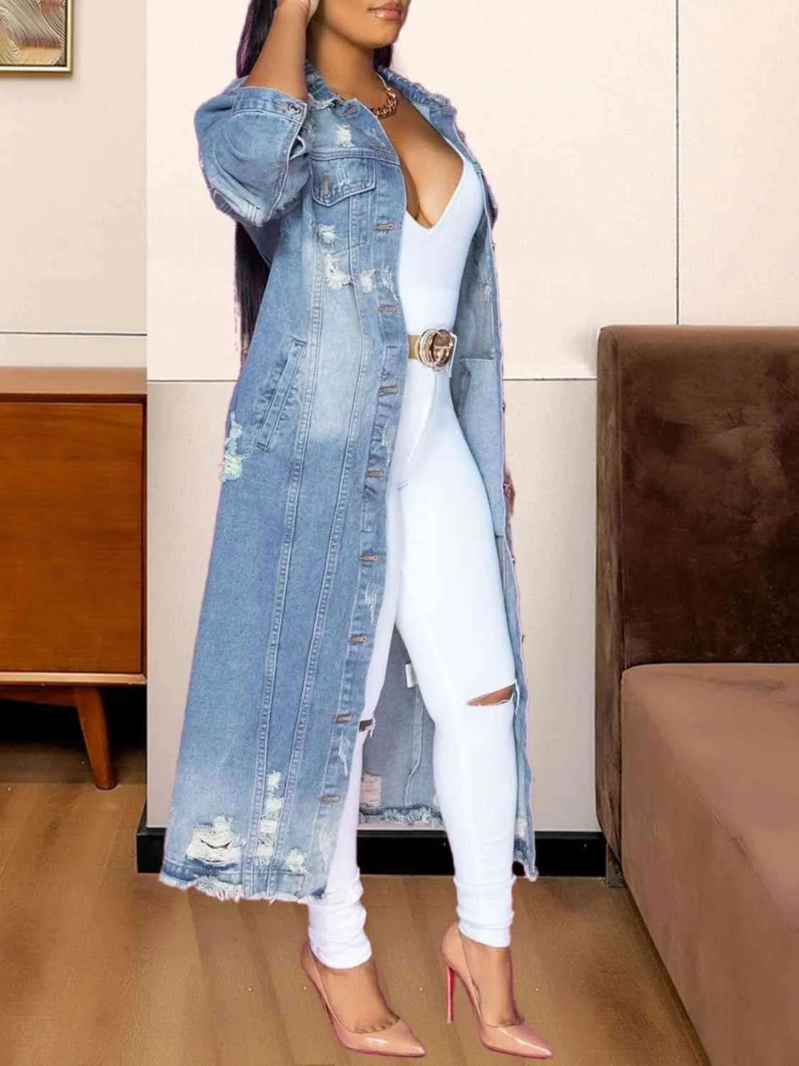 Long Sleeve Raw Hem Denim Duster Jacket