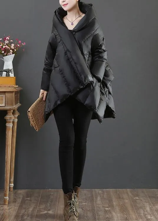 Luxury casual snow jackets coats black hooded asymmetric down jacket woman