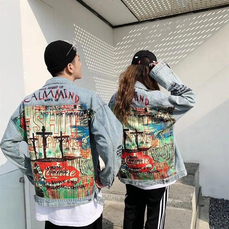 Men Oversized Graffiti Mess Denim Jacket