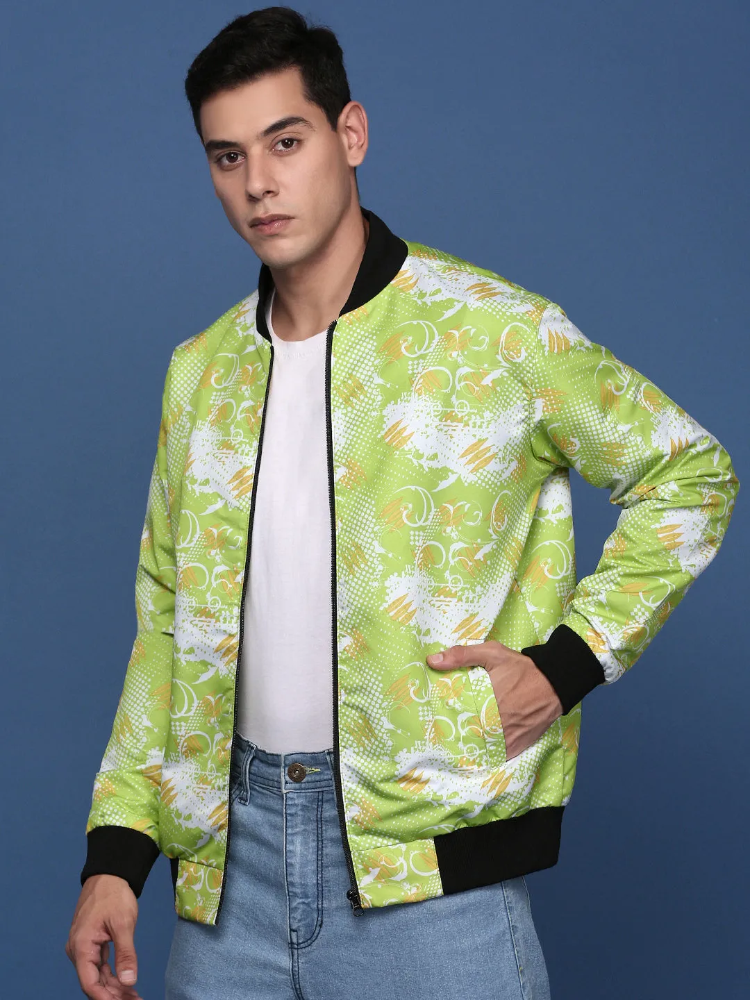 Men Printed Green Bomber Jacket