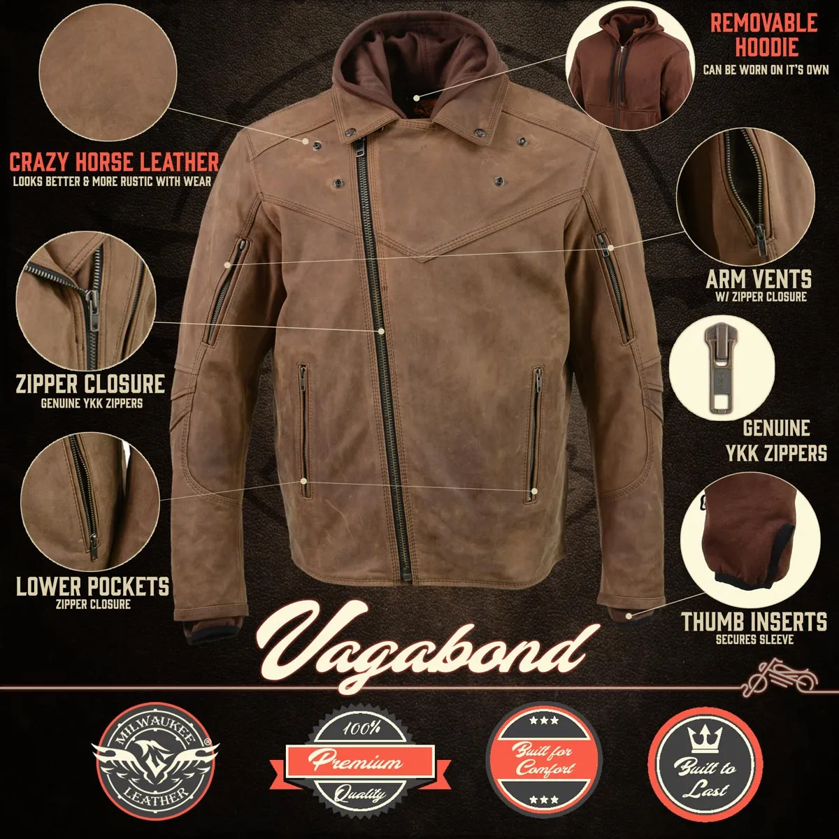 Milwaukee Leather MLM1511 Men's 'Vagabond' Vintage Crazy Horse' Brown