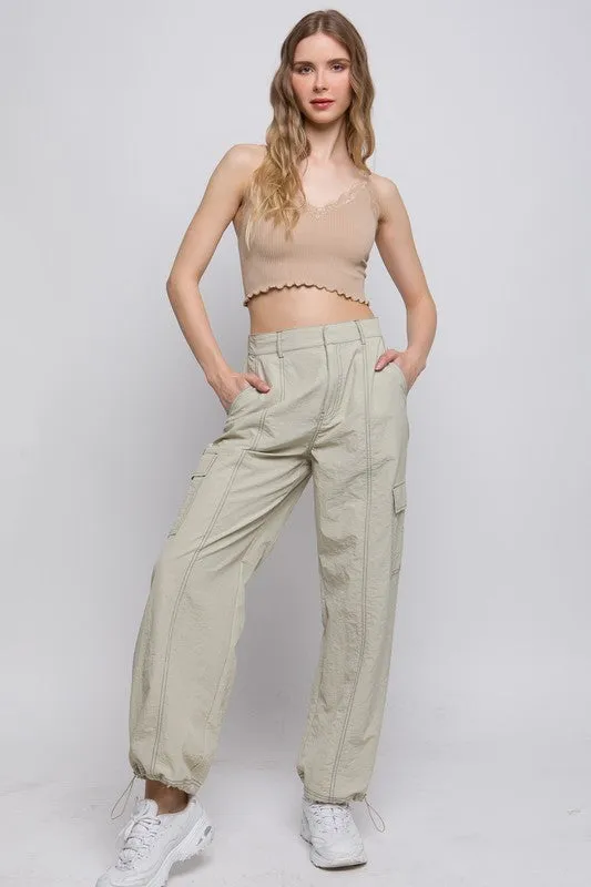 Oat Milk Parachute Cargo Pants w/Adjustable Toggles