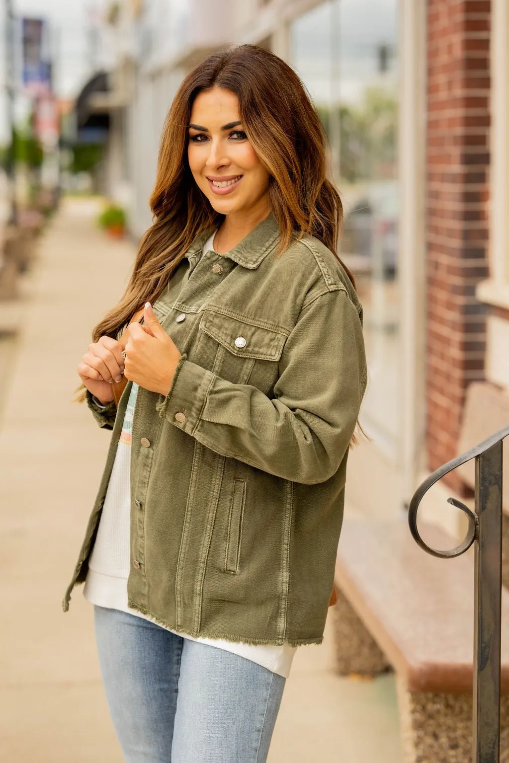 Olive Frayed Edge Denim Jacket