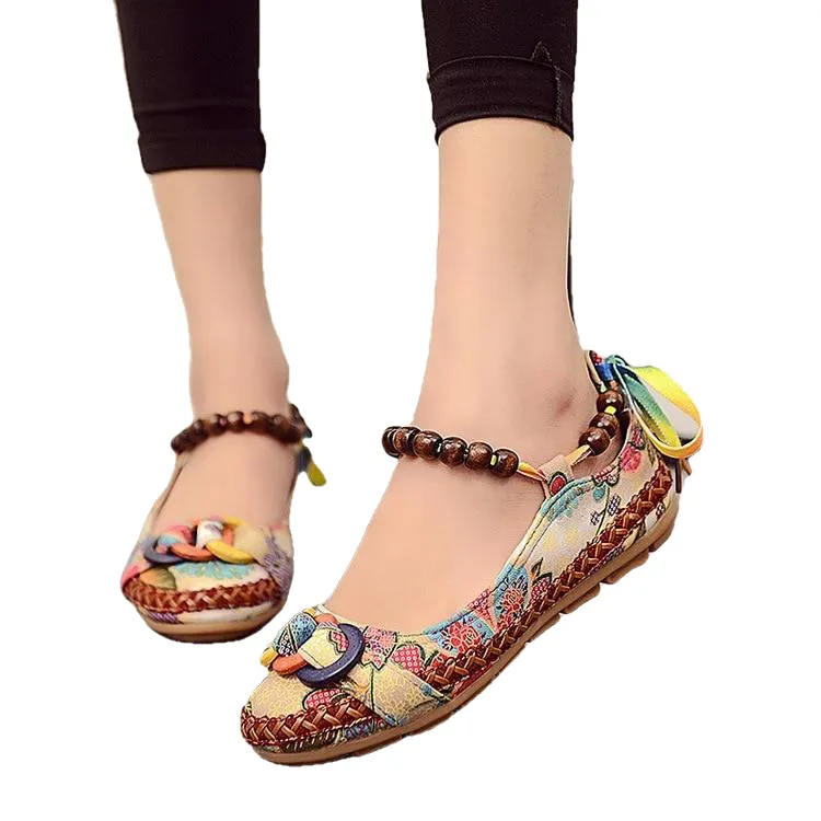 Plus Size Casual Flat Shoes Women Flats Beaded Ankle Straps Loafers Retro Ethnic Embroidered