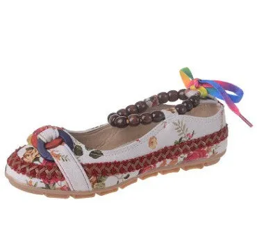 Plus Size Casual Flat Shoes Women Flats Beaded Ankle Straps Loafers Retro Ethnic Embroidered