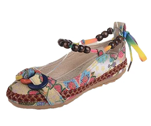 Plus Size Casual Flat Shoes Women Flats Beaded Ankle Straps Loafers Retro Ethnic Embroidered