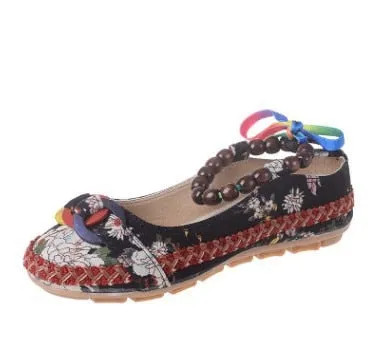 Plus Size Casual Flat Shoes Women Flats Beaded Ankle Straps Loafers Retro Ethnic Embroidered