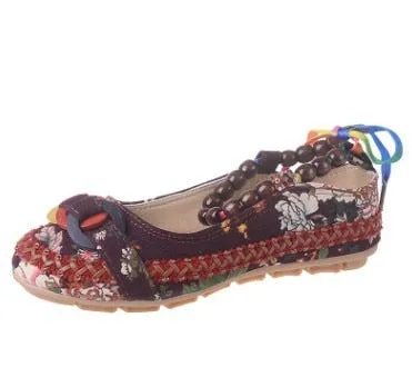 Plus Size Casual Flat Shoes Women Flats Beaded Ankle Straps Loafers Retro Ethnic Embroidered