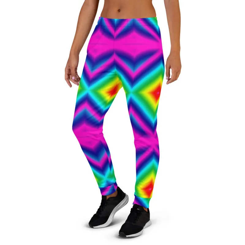 Rainbow Chevron Women's Joggers, Colorful Gay Pride Rave Sweatpants Soft Pants-Made in EU