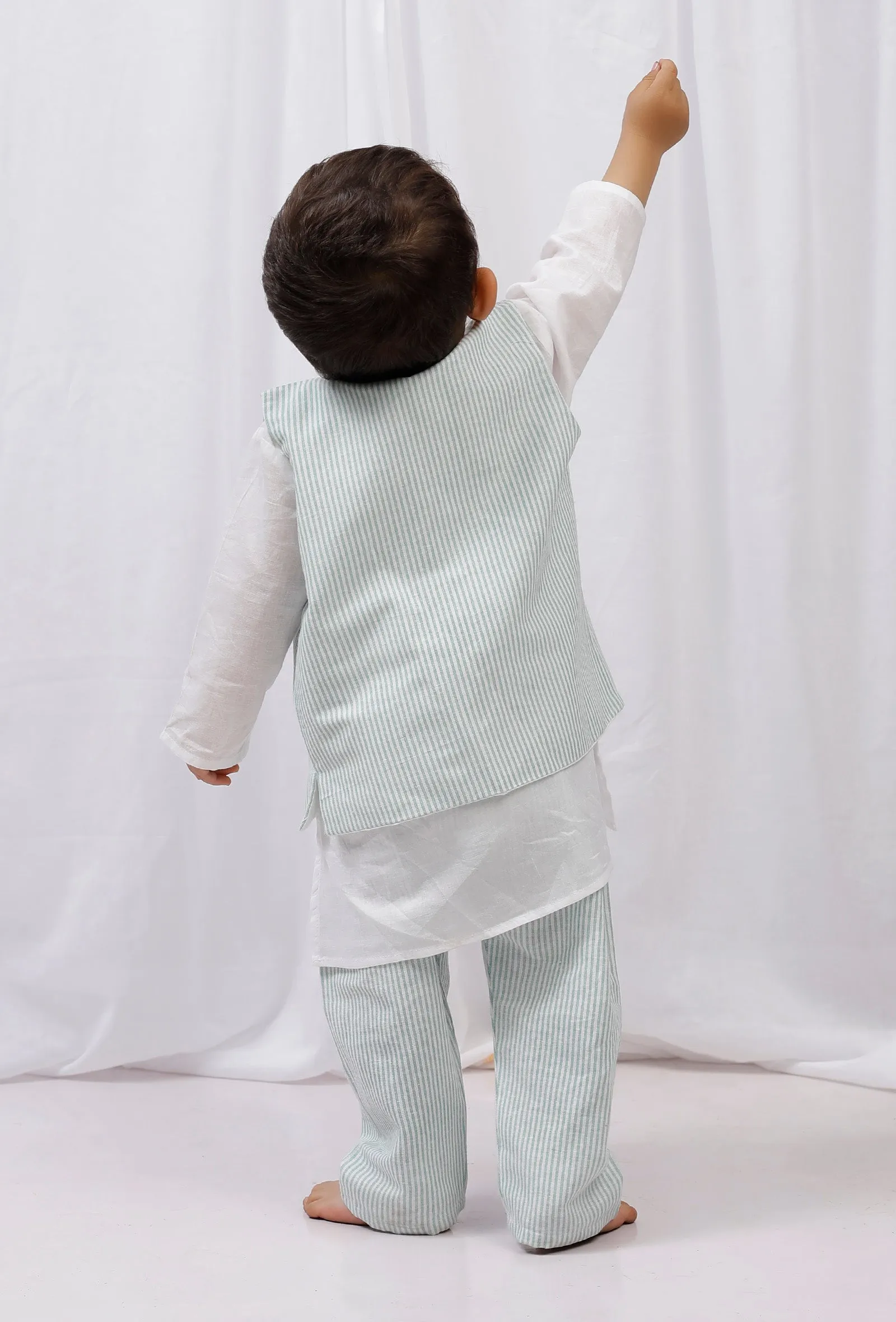 Set of 3: White striped Cotton Kurta and Pajama with Green Striped Nehru Jacket