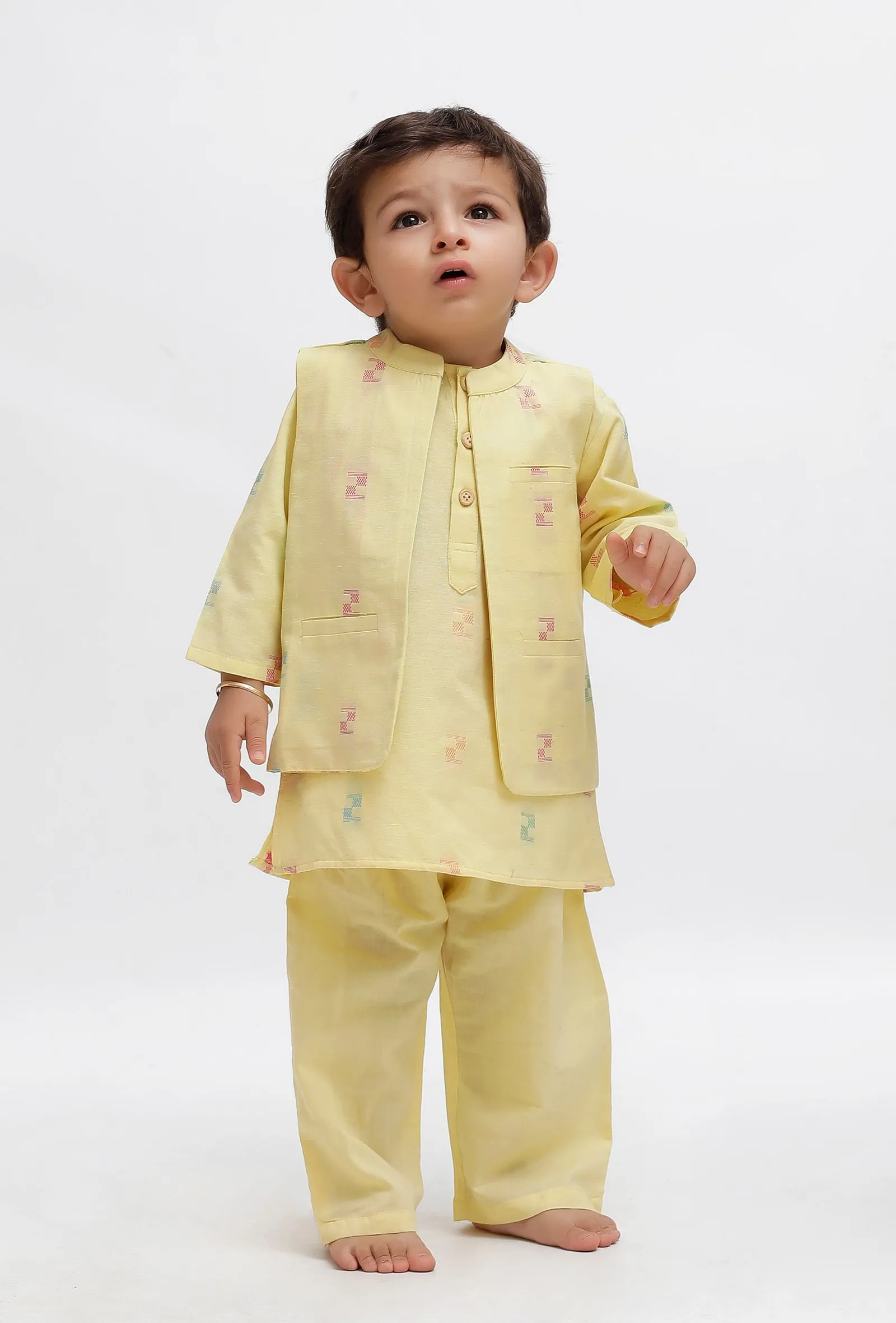 Set Of 3:  Yellow Dobby Kurta and Yellow Pant with Yellow Dobby Nehru Jacket