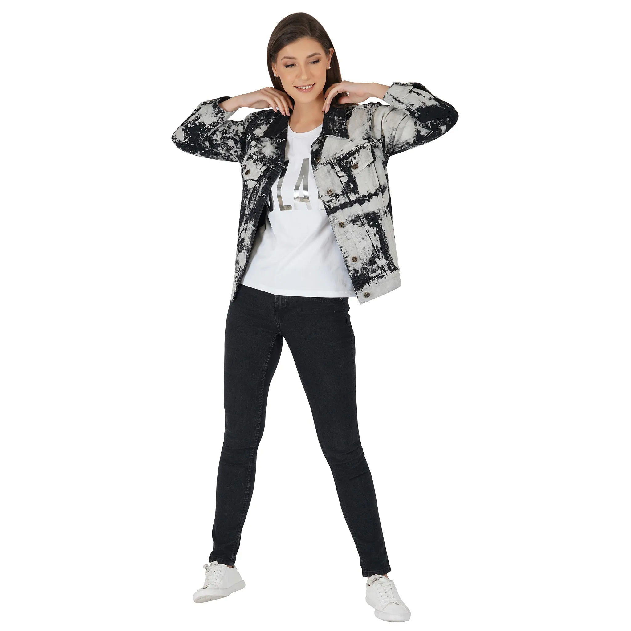 SLAY. Women's White & Black Tie Dye Denim Jacket